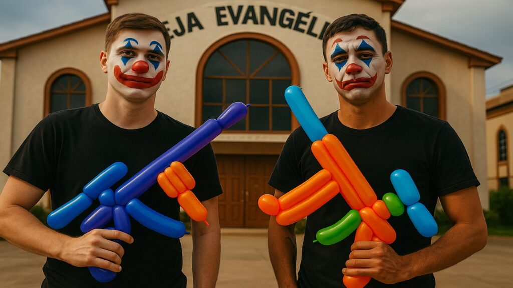 Políticos conservadores brasileiros fantasiados de palhaços (narizes vermelhos, posam em frente a uma igreja evangélica, segurando armas de balões se opondo contra a liberdade morfológica e o anarcotransumanismo, representando o retrocesso tecnossocial promovido pela religião