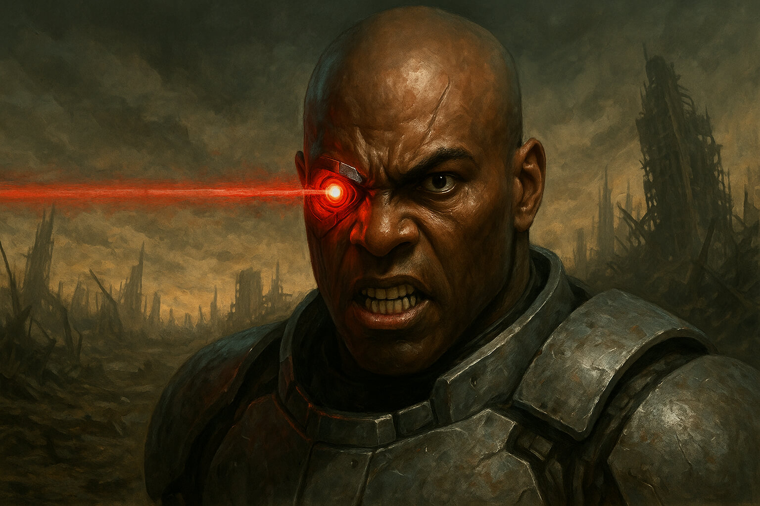 Homem ciborgue com armadura futurista e olho biônico disparando laser vermelho, em cenário distópico de destruição urbana, representando o conceito de transhumanismo, ciborguismo e guerra tecnológica do futuro.