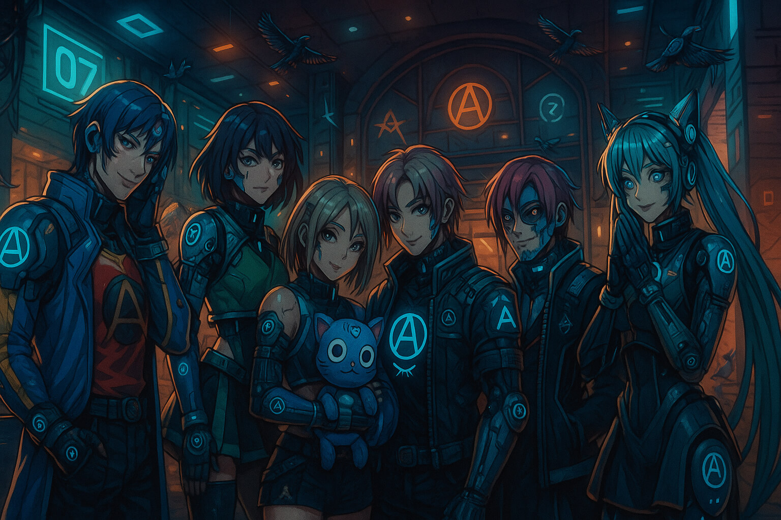 "Ciborguismo e transumanismo: cosplayers ciborgues em evento futurista brasileiro, estilo anime cyberpunk com trajes tecnológicos, luzes de neon e cenário urbano sci-fi."