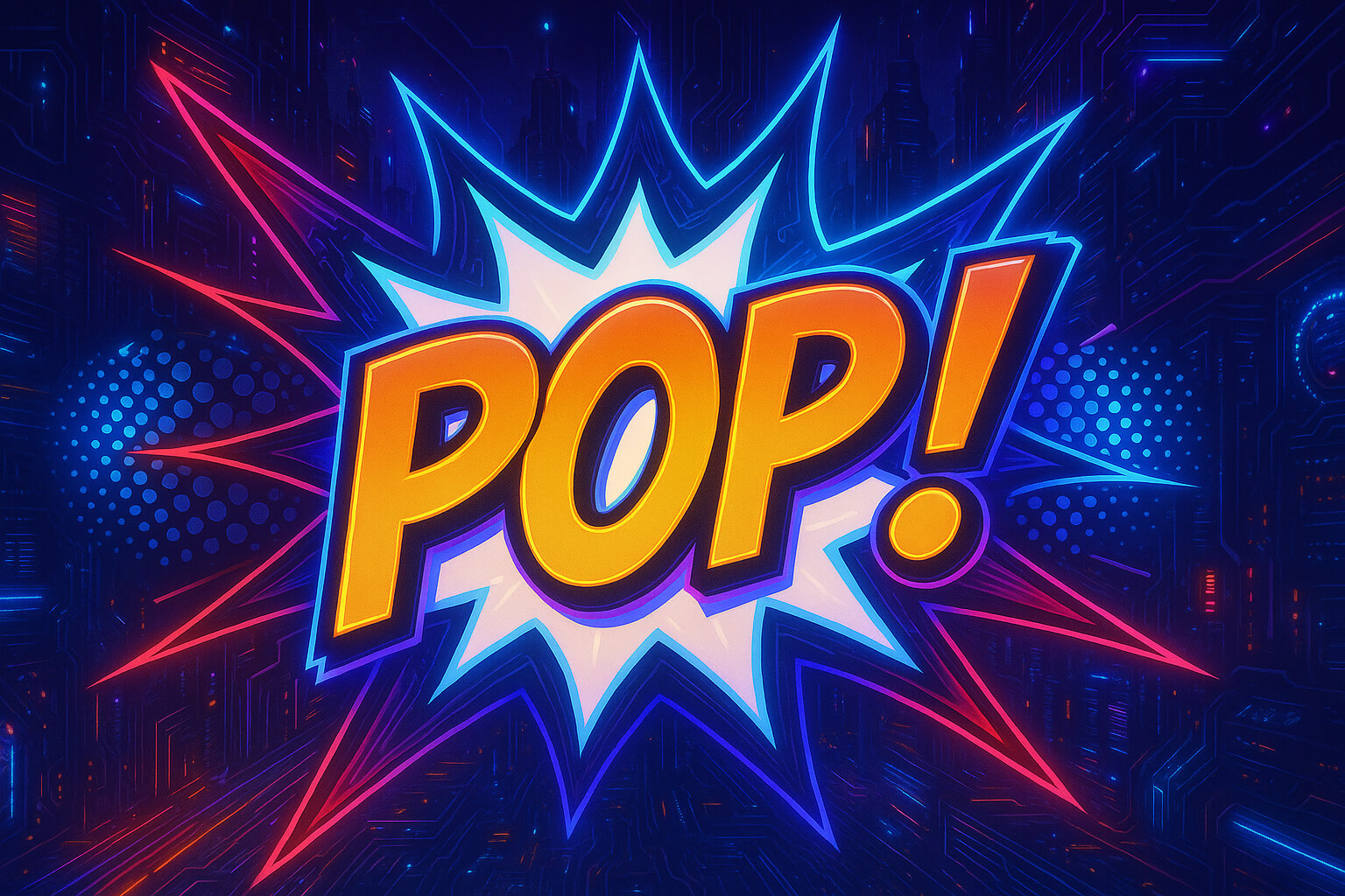 Ilustração pop art cyberpunk com a palavra 'POP!' em destaque, representando a estética visual da cultura pop futurista e do ciborguismo no contexto da tecnologia e arte digital