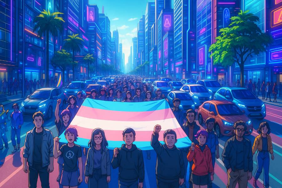 Ilustração futurista em estilo anime cyberpunk de uma parada LGBTQIAPN+ durante o dia na Avenida Paulista, em São Paulo. A multidão segura uma enorme bandeira trans com as cores azul, rosa e branco, em meio a uma cidade com estética tecnológica avançada e arranha-céus modernos. O cenário urbano é iluminado pela luz do sol, com carros futuristas parados no trânsito e vegetação preservada ao redor. A arte mistura diversidade, ativismo e futurismo com cores vibrantes e atmosfera otimista.