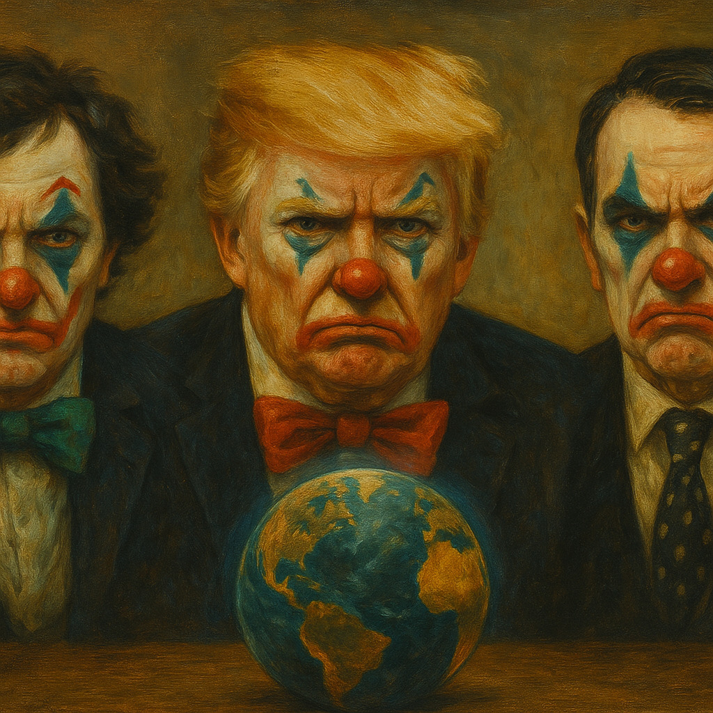 Javier Milei, Donald Trump e Jair Bolsonaro fantasiados de palhaços, satirizando o conservadorismo reacionário: queimam livros de direitos LGBTQIAPN+, pisoteiam placas de 'Liberdade Morfológica' e propagam fake news, em um circo decadente que rejeita avanços tecnológicos e emancipação corporal e o anarcotransumanismo