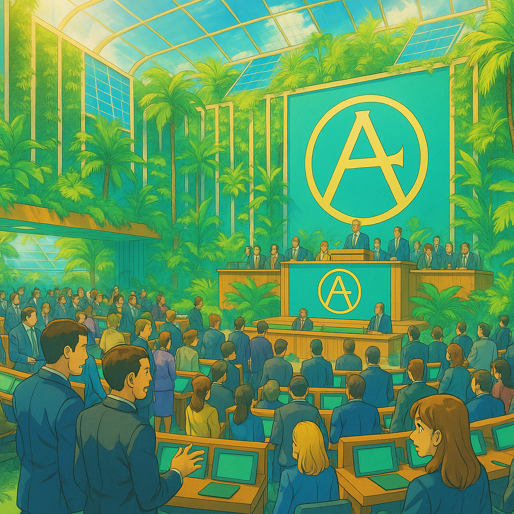 Parlamento brasileiro futurista em cenário solarpunk: representantes diversos (humanos, ciborgues e corpos modificados) debatem liberdade morfológica, cercados por tecnologia verde, hologramas acessíveis e símbolos anarcotransumanistas de autonomia corporal.