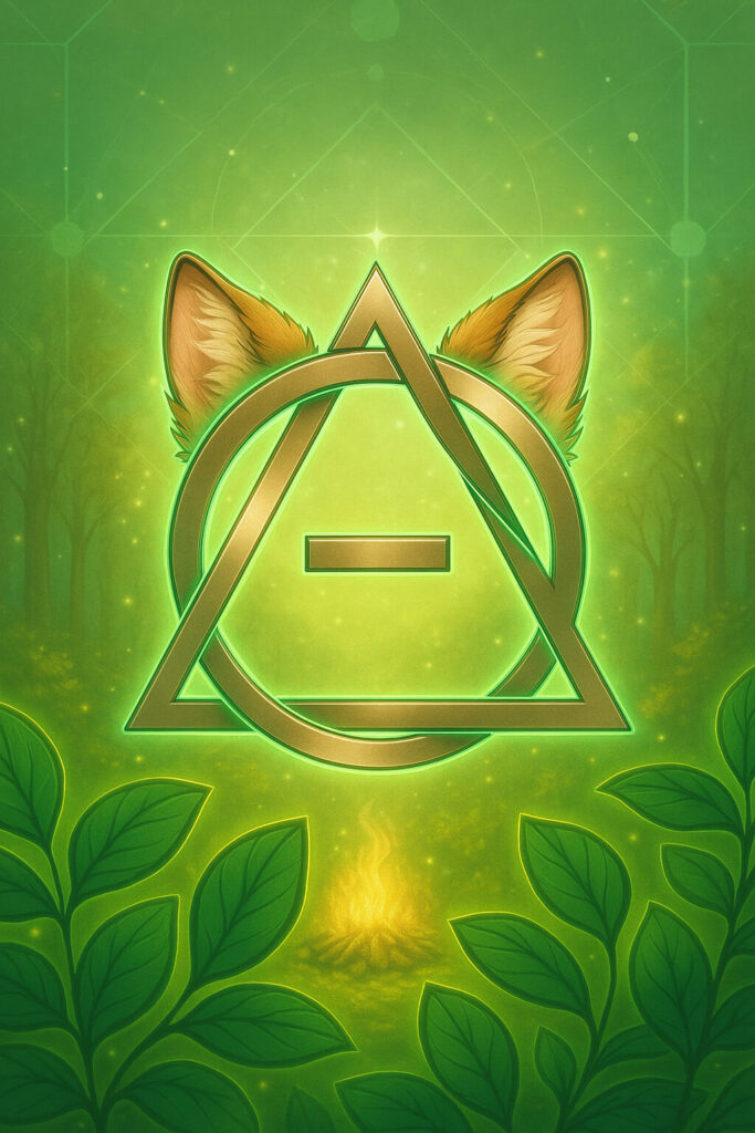 Símbolo teriantropia com orelhas de raposa em estética solarpunk, representando identidade therians em harmonia com a natureza. Ilustração digital do artigo ‘O que é teriantropia?’ estética usada para representar a relação entre therians e o anarcotransumanismo
