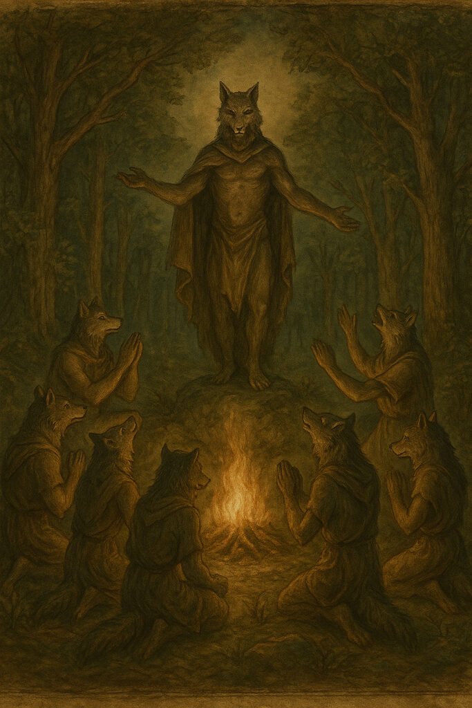 therians modificados geneticamente cultuam divindade da lobisomem, a imagem representa o futuro com a fusão da teriantropia e do anarcotransumanismo