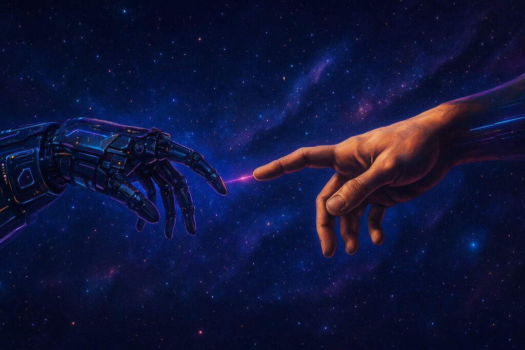 "Ilustração digital futurista representando o conceito de transumanismo, com uma mão humana realista estendendo-se em direção a uma mão robótica de aparência cibernética, ambas prestes a se tocar no estilo de 'A Criação de Adão', ambientadas em um fundo cósmico repleto de estrelas e galáxias. A imagem simboliza a conexão entre humanidade e tecnologia avançada, evocando temas centrais do transumanismo, como a fusão entre homem e máquina, inteligência artificial e evolução pós-humana."